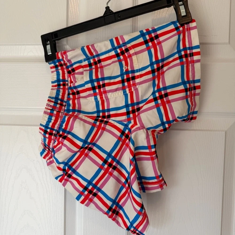 Hanna Andersson White Lined Swim Shorts with Pink/Blue Plaid
